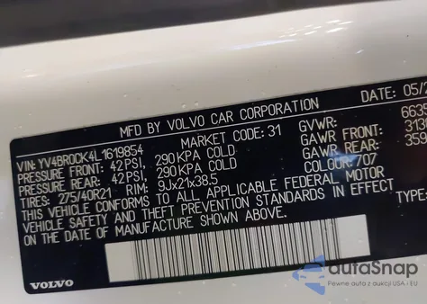 2020 Volvo Xc90 Hybrid T8 Momentum 7 Passenger from USA, damaged, VIN YV4BR0CK4L1619854